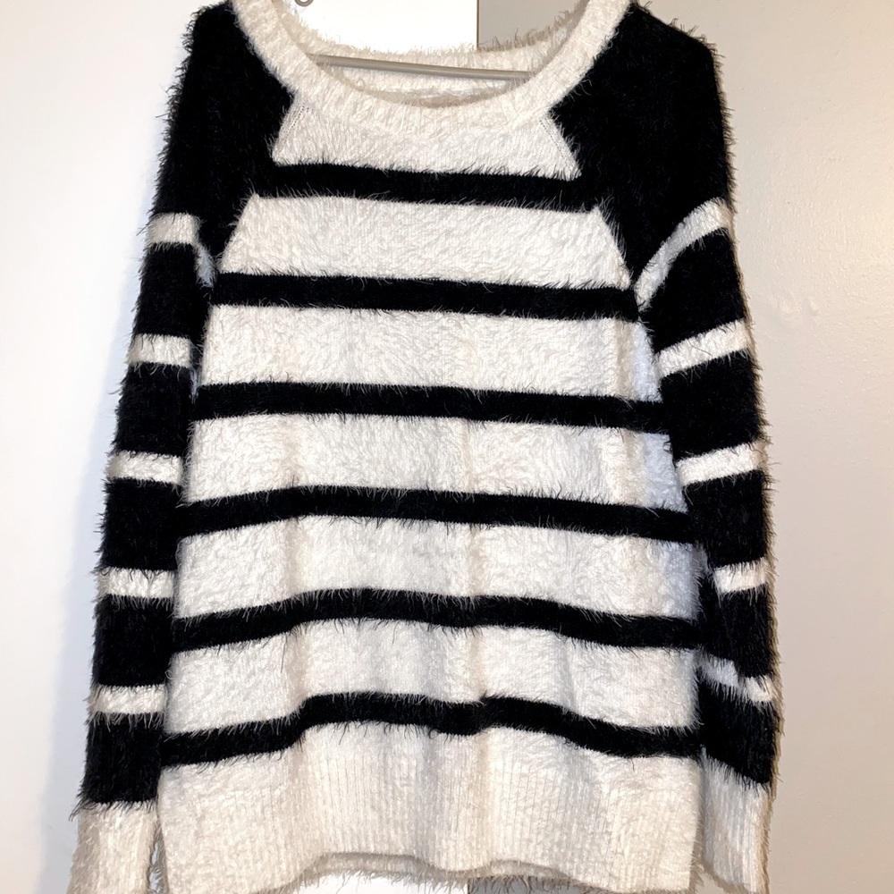 Loft Contrast Sleeve Fuzzy Striped Sweater